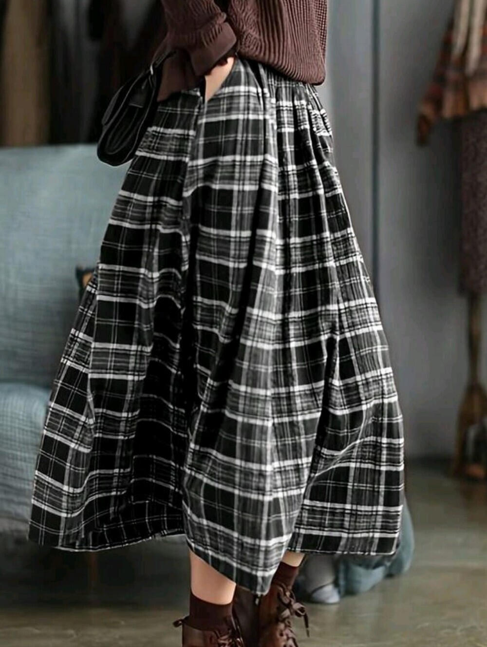 Spring/Summer New Vintage Plaid Skirt, Brown High-Waisted Flare Skirt, Mid-Lengt